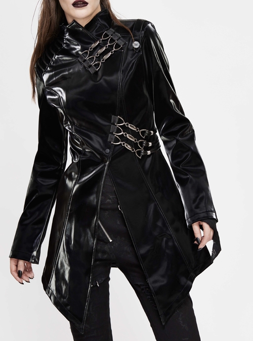Irregular Collar Metal Hasp Lace-Up Black Punk Leather Coat