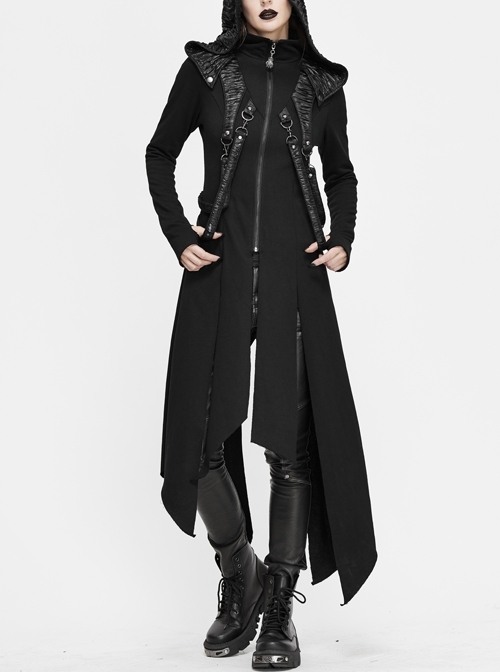 Metal Nail Leather Strap Irregular Hem Black Punk Knitted Fleece Hooded Long Coat
