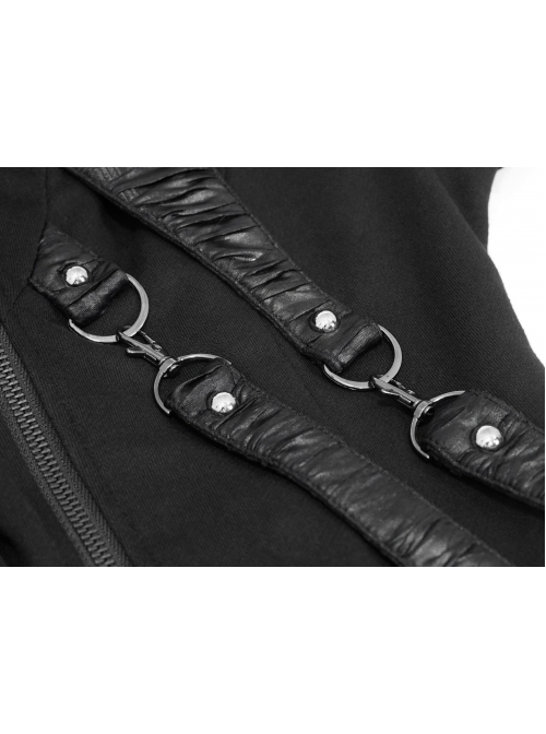 Metal Nail Leather Strap Irregular Hem Black Punk Knitted Fleece Hooded Long Coat