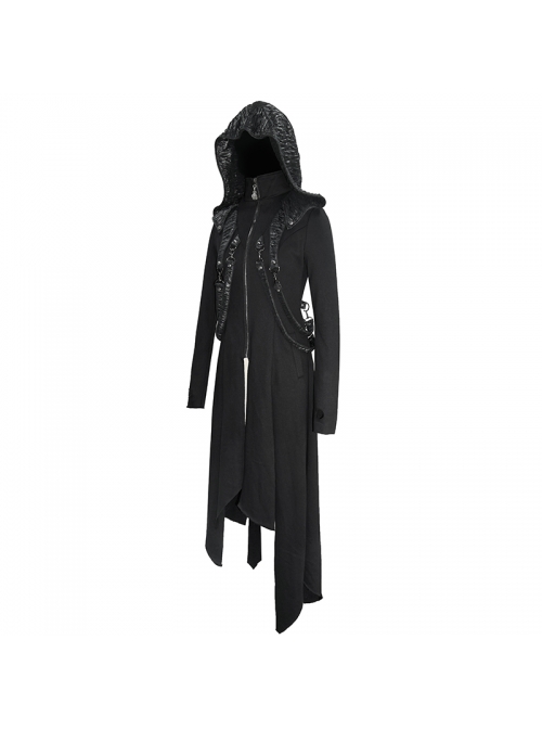 Metal Nail Leather Strap Irregular Hem Black Punk Knitted Fleece Hooded Long Coat