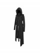 Metal Nail Leather Strap Irregular Hem Black Punk Knitted Fleece Hooded Long Coat