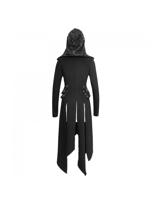 Metal Nail Leather Strap Irregular Hem Black Punk Knitted Fleece Hooded Long Coat