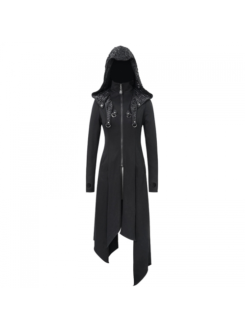 Metal Nail Leather Strap Irregular Hem Black Punk Knitted Fleece Hooded Long Coat