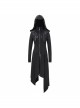 Metal Nail Leather Strap Irregular Hem Black Punk Knitted Fleece Hooded Long Coat