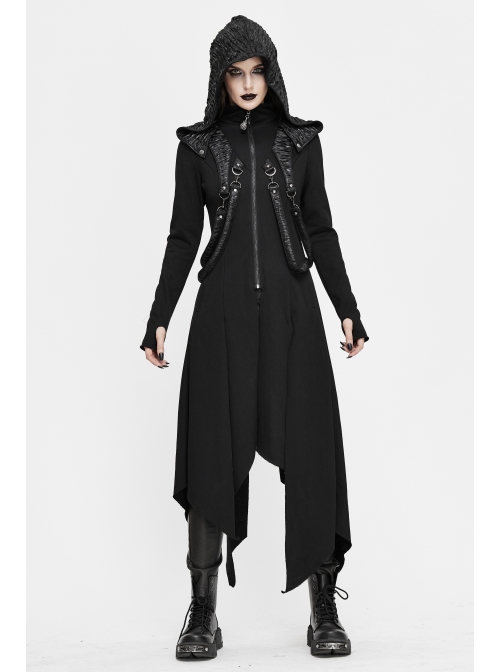 Metal Nail Leather Strap Irregular Hem Black Punk Knitted Fleece Hooded Long Coat