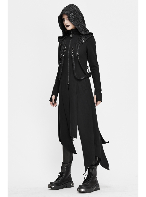 Metal Nail Leather Strap Irregular Hem Black Punk Knitted Fleece Hooded Long Coat