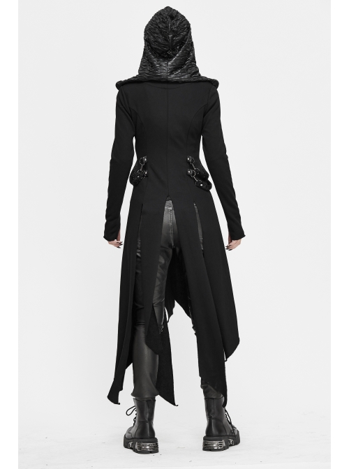 Metal Nail Leather Strap Irregular Hem Black Punk Knitted Fleece Hooded Long Coat
