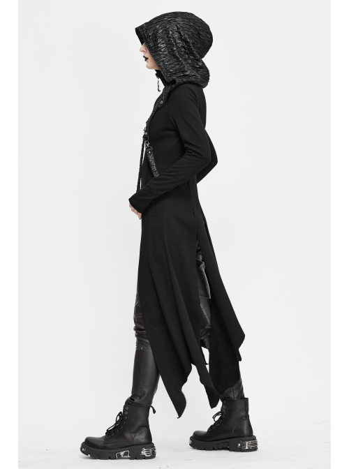 Metal Nail Leather Strap Irregular Hem Black Punk Knitted Fleece Hooded Long Coat
