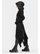 Metal Nail Leather Strap Irregular Hem Black Punk Knitted Fleece Hooded Long Coat