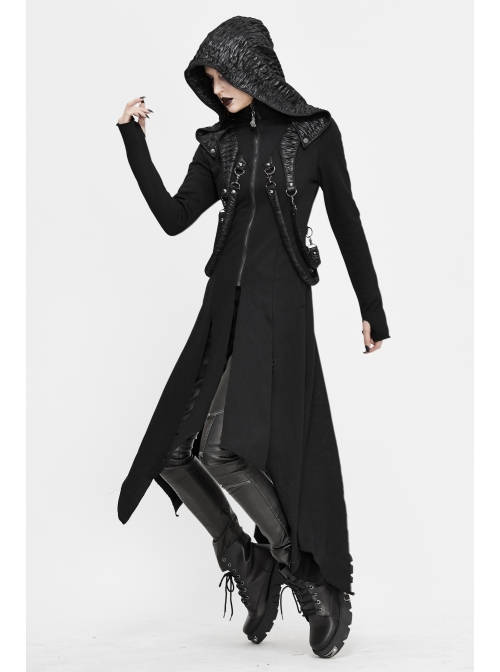 Metal Nail Leather Strap Irregular Hem Black Punk Knitted Fleece Hooded Long Coat