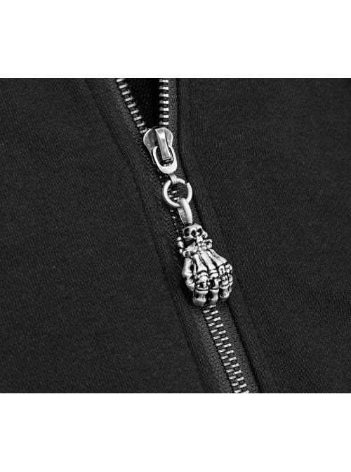 Metal Nail Leather Strap Irregular Hem Black Punk Knitted Fleece Hooded Long Coat