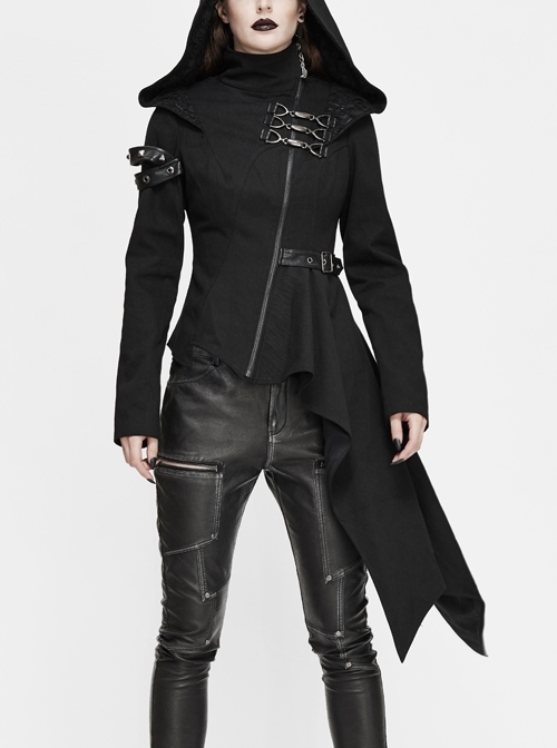Black High Collar Metal Hasp Leather Arm Loop Irregular Hem Punk Hooded Twill Coat