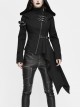 Black High Collar Metal Hasp Leather Arm Loop Irregular Hem Punk Hooded Twill Coat