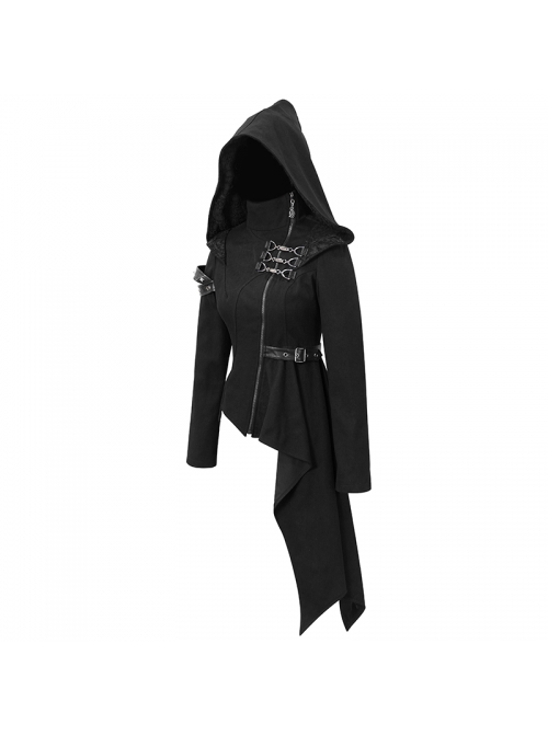 Black High Collar Metal Hasp Leather Arm Loop Irregular Hem Punk Hooded Twill Coat