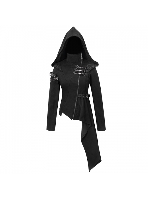 Black High Collar Metal Hasp Leather Arm Loop Irregular Hem Punk Hooded Twill Coat