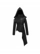 Black High Collar Metal Hasp Leather Arm Loop Irregular Hem Punk Hooded Twill Coat