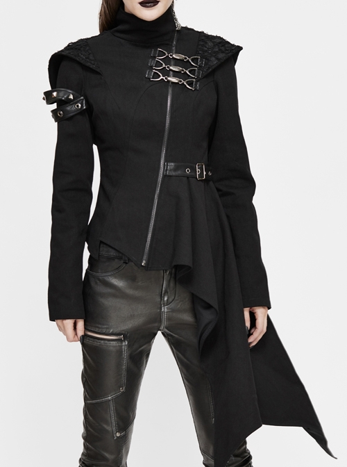 Black High Collar Metal Hasp Leather Arm Loop Irregular Hem Punk Hooded Twill Coat