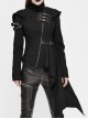 Black High Collar Metal Hasp Leather Arm Loop Irregular Hem Punk Hooded Twill Coat