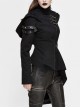 Black High Collar Metal Hasp Leather Arm Loop Irregular Hem Punk Hooded Twill Coat