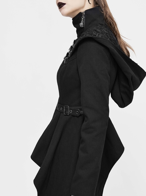 Black High Collar Metal Hasp Leather Arm Loop Irregular Hem Punk Hooded Twill Coat