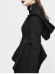 Black High Collar Metal Hasp Leather Arm Loop Irregular Hem Punk Hooded Twill Coat