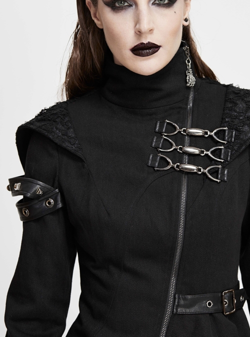 Black High Collar Metal Hasp Leather Arm Loop Irregular Hem Punk Hooded Twill Coat
