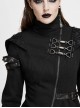 Black High Collar Metal Hasp Leather Arm Loop Irregular Hem Punk Hooded Twill Coat