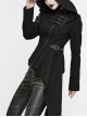 Black High Collar Metal Hasp Leather Arm Loop Irregular Hem Punk Hooded Twill Coat