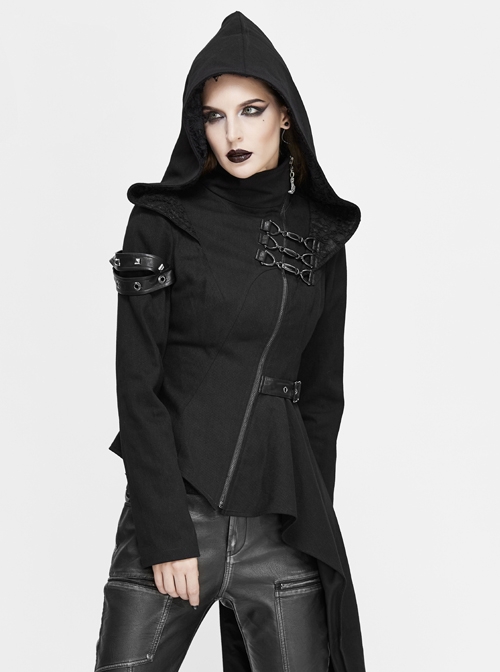 Black High Collar Metal Hasp Leather Arm Loop Irregular Hem Punk Hooded Twill Coat