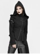 Black High Collar Metal Hasp Leather Arm Loop Irregular Hem Punk Hooded Twill Coat