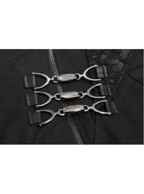 Black High Collar Metal Hasp Leather Arm Loop Irregular Hem Punk Hooded Twill Coat