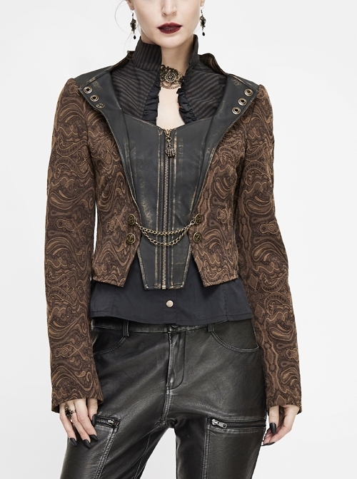 Front Metal Retro Button Chain Decoration Brown Punk Jacquard Short Coat