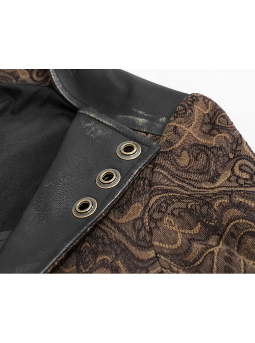Front Metal Retro Button Chain Decoration Brown Punk Jacquard Short Coat