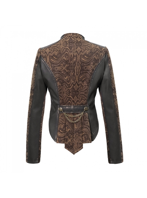 Front Metal Retro Button Chain Decoration Brown Punk Jacquard Short Coat