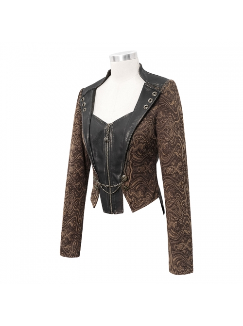 Front Metal Retro Button Chain Decoration Brown Punk Jacquard Short Coat