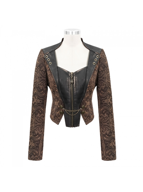 Front Metal Retro Button Chain Decoration Brown Punk Jacquard Short Coat