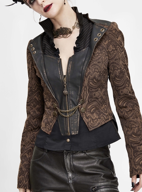 Front Metal Retro Button Chain Decoration Brown Punk Jacquard Short Coat