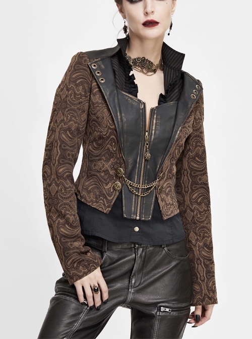 Front Metal Retro Button Chain Decoration Brown Punk Jacquard Short Coat