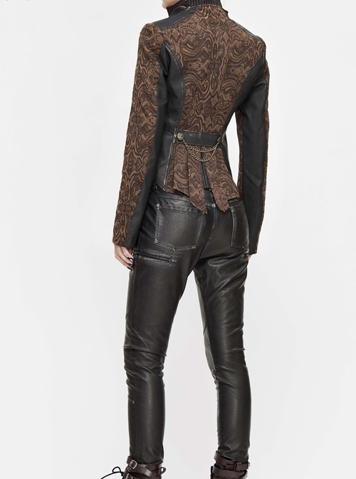 Front Metal Retro Button Chain Decoration Brown Punk Jacquard Short Coat