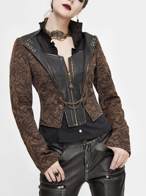 Front Metal Retro Button Chain Decoration Brown Punk Jacquard Short Coat
