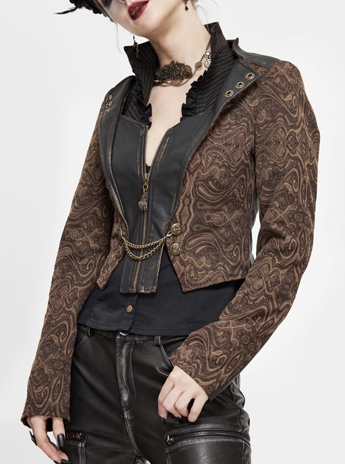 Front Metal Retro Button Chain Decoration Brown Punk Jacquard Short Coat