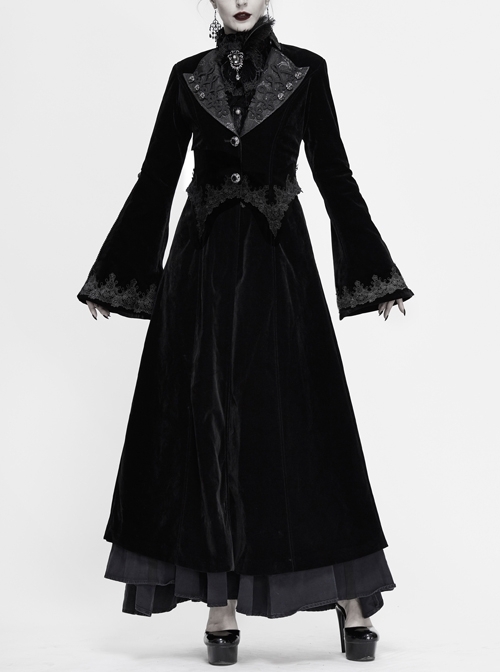 Collar Applique Lace Ribbon Flare Sleeve Back Waist Lace-Up Black Gothic Weft Velveteen Coat