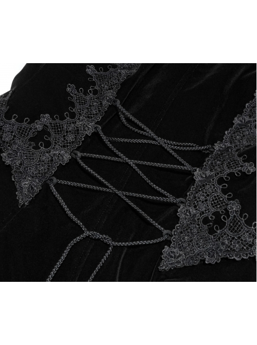 Collar Applique Lace Ribbon Flare Sleeve Back Waist Lace-Up Black Gothic Weft Velveteen Coat