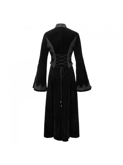 Collar Applique Lace Ribbon Flare Sleeve Back Waist Lace-Up Black Gothic Weft Velveteen Coat