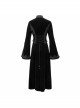 Collar Applique Lace Ribbon Flare Sleeve Back Waist Lace-Up Black Gothic Weft Velveteen Coat