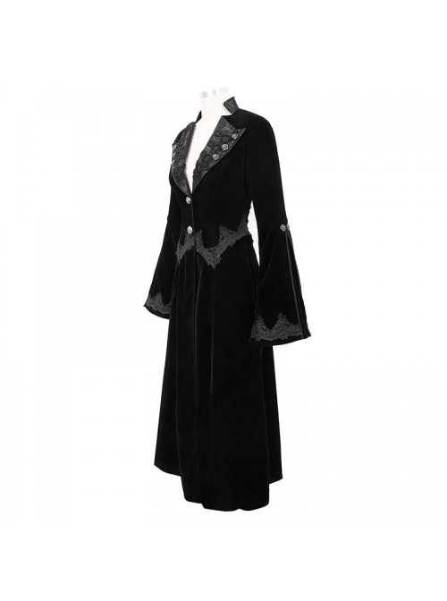 Collar Applique Lace Ribbon Flare Sleeve Back Waist Lace-Up Black Gothic Weft Velveteen Coat