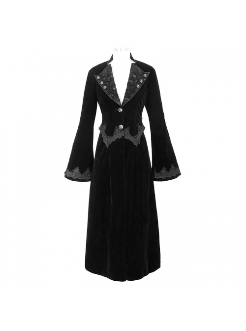 Collar Applique Lace Ribbon Flare Sleeve Back Waist Lace-Up Black Gothic Weft Velveteen Coat