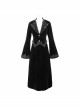 Collar Applique Lace Ribbon Flare Sleeve Back Waist Lace-Up Black Gothic Weft Velveteen Coat