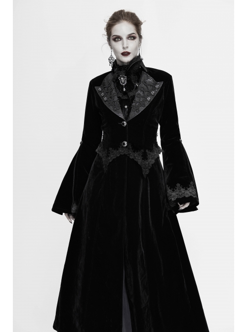 Collar Applique Lace Ribbon Flare Sleeve Back Waist Lace-Up Black Gothic Weft Velveteen Coat