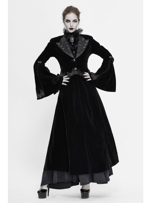 Collar Applique Lace Ribbon Flare Sleeve Back Waist Lace-Up Black Gothic Weft Velveteen Coat